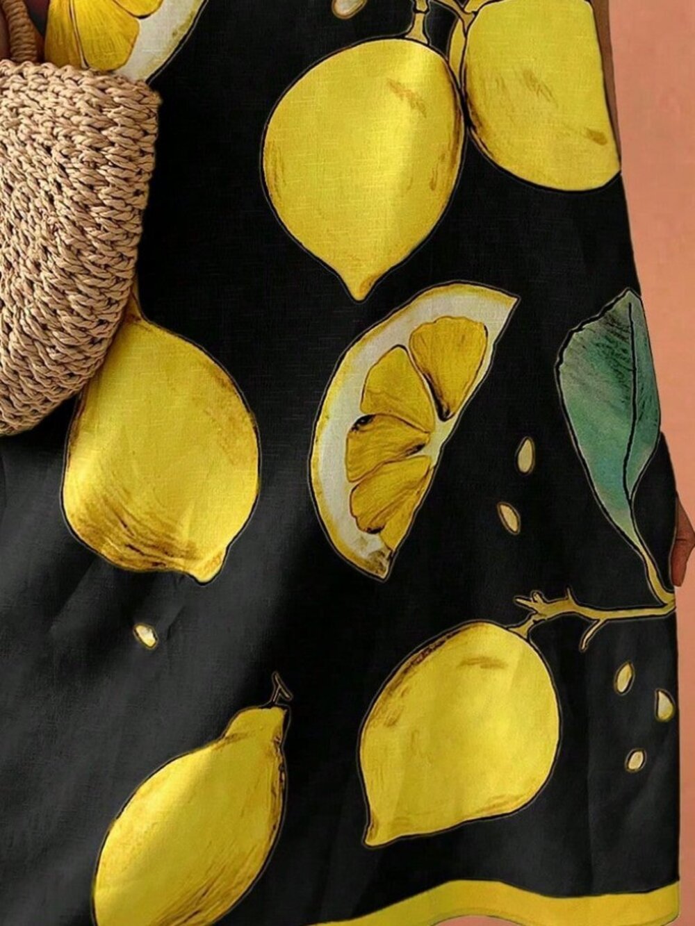 Black Vintage Women's Elegant Sleeveless Dress Beach Colorblock Lemon Leaf Print - Picture 2 of 5